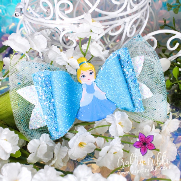 Cinderella Princess Blue Dress in Chunky Glitter and Tulle Hair Bow Clip | Straw Topper & Badge Reel | Holiday Gifts