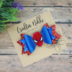 Spider Web Hero Blue and Red Chunky Glitter Hair Bow Clip | Straw Topper, Badge Reel, & Pet Bowtie