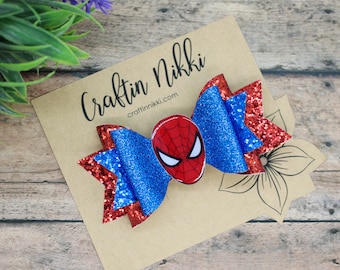 Spider Web Hero Blue and Red Chunky Glitter Hair Bow Clip | Straw Topper, Badge Reel, & Pet Bowtie