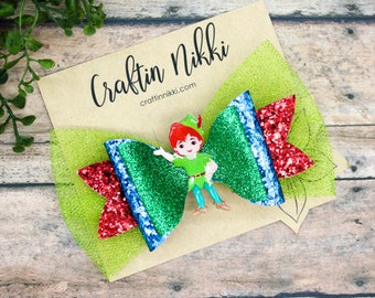 Peter Pan Green and Red Fairy Chunky Glitter and Tulle Hair Bow Clip | Straw Topper & Badge Reel | Tinkberbell