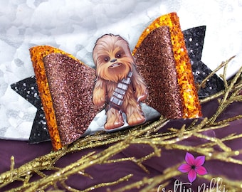 Large Funny Furry Brown Warrior Chunky Glitter Hair Bow Clip | Straw Topper & Badge Reel | Space Wars