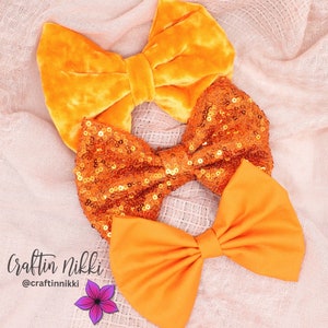 Orange Fabric, Velvet, Sequin, and Cotton Hair Bow Set | Adult and Child Size Fall and Autumn Clips