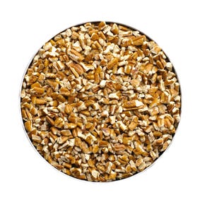 May include: A circular container filled with chopped pecans. The nuts are a light brown color and appear to be coarsely chopped. The container is set against a white background.