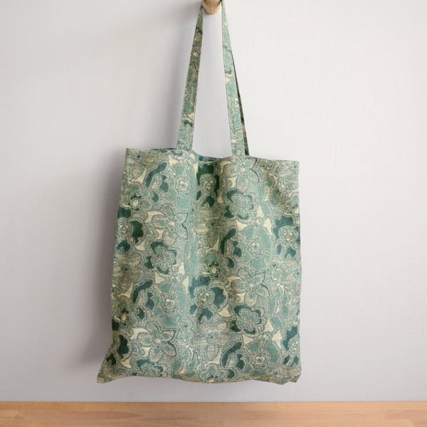 mARTotes Linen Tote Bag, Casual, Teal Beige Linen, Flower Pattern, Light Weight