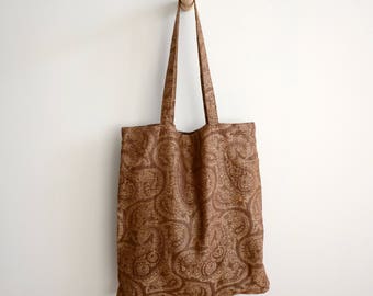 mARTotes Linen Tote Bag, Décontracté, Linge marron bicolore, Motif Paisley, Poids léger