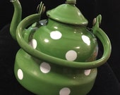 Rare Graniteware Teapot Metal Green Enamel Polka Dot Enamelware Small Lid with Chain Kitchen Cookware Decor Vintage