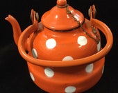 Rare Metal Enamel Teapot Orange Polka-Dot with Lid Chain Small Unmarked Mint Condition Vintage