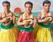 Hawaiian Hula Dancer 3 Piece Figurine Man Ukulele Male Dashboard Bobble Nodder quot KC Co Ltd quot Vintage 1950 39 s