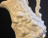 Antique Faux Bois Ceramic Pitcher Creamer Figural White Ironstone High Relief Tree Bark 22k Gold Trim Art Nouveau Renaissance-Style Small