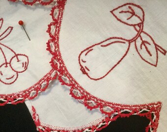 Curtain-Valance-Cornice-Shelf Trim Set/Embroidered Red-Work/Turkey Work/French Pelmet/Kitchen Window/Handmade/5 Yards/4 Piece/Vintage