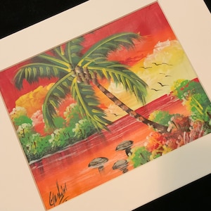 Vintage Caribbean Painting/Original Acrylic/Tropical Island/Palm Tree/Signed/Unframed/Small Rectangle11x14”
