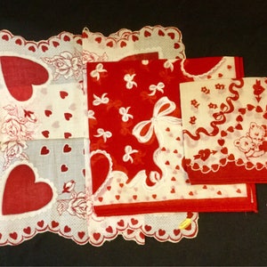 1950s Valentine Hanky-Handkerchief/Red HeartRosesTeddy Bear/Cotton/Valentines Day Gift/Adult-Child/3 Piece SET/Vintage image 1
