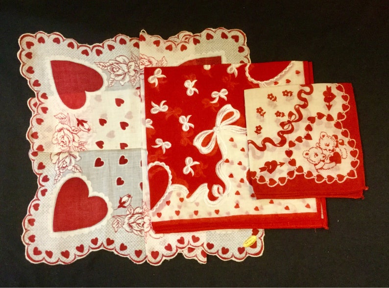 1950s Valentine Hanky-Handkerchief/Red HeartRosesTeddy Bear/Cotton/Valentines Day Gift/Adult-Child/3 Piece SET/Vintage image 1