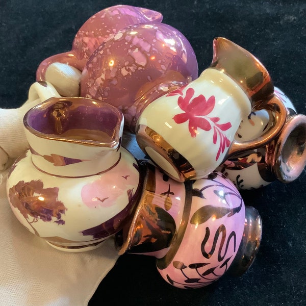 Vtg Mini “Old English” Pitcher-Creamer/Porcelain China/Copper Lustre & Pink Lusterware/England/Small-Miniature 5 Piece SET/Vintage