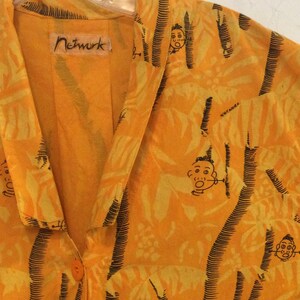 Tribal Blouse/Orange African Print/Cotton/Figural/Tropical/Button-Up/Short Sleeve/Woman’s Size 10 (chest 42”) Boho-Hippie/Vintage 1980