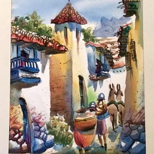 Vintage Mexico Painting/Original Watercolor/City-Scape Village Street Scene/Latino/Mexican/Ethnic/Southwest/Unframed/Small 5 x 6.5”/Vintage