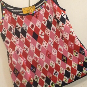 Beaded Tank Top-Camisole/Floral-Argyle Print/Pink-Black/Rayon-Cotton Knit/Womans Size Small chest 32 Vintage 1990s image 2