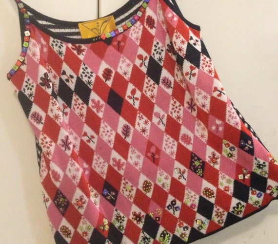 Beaded Tank Top-Camisole/Floral-Argyle Print/Pink… - image 2