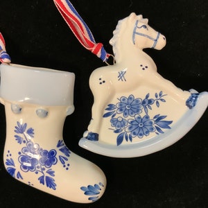 Delft Christmas Ornament/Stocking+Rocking Horse/Royal Delft/Dutch Souvenir/Holland/Hand Painted Blue & White Ceramic/2pc Set/Vintage 1990s