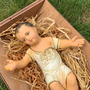 Jesus Nativity-Creche-Manger/Infant Jesus Statue/Plaster/Wood Cradle/CHIPPED/Religious Catholic Icon/Christmas/Large 16”/Vintage
