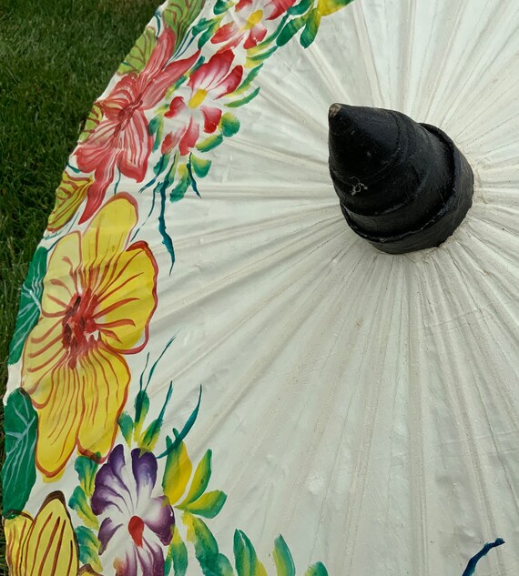 Vtg Asian Floral Parasol Umbrella/Bamboo & Canvas… - image 4