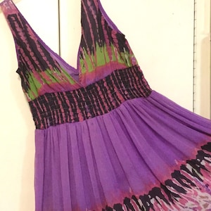 Purple Dress-Sundress/Maxi/Tie Dye Abstract Print/Empire-Style/Sleeveless/Chiffon/Elastic Waist/Summer/Woman’s Size L-XL Vintage 1990s