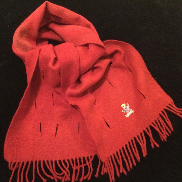 Ralph Lauren Scarf/RL Polo Bear Flag Logo/Red Wool/Distressed/Lambswool/Scotland/Preppy/Grunge/Fringe/Long 56”/Winter/Handmade/Vintage