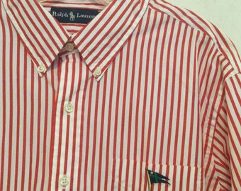 Mens Ralph Lauren Yacht Club Dress Shirt/RLYC/Polo Player/Cotton/Red Pin Stripe/NWT/Button-Down/Long-Sleeve/Christmas/Preppy/Size XL/Vintage