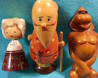 Wood Figurine Knick Knack Set/Erzgebirgische Volkskunst Mushroom Man?/Mop Head Girl/Ape Gorilla Animal/Germany Folk Art 3pc/Handmade/Vintage
