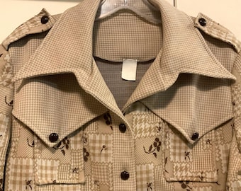Leisure Suit Jacket/Over-Shirt/Floral Plaid Polyester Double Knit/Button Up/Dagger Collar/Long Sleeve/Epaulets/Woman Chest 42”/Vintage 1970