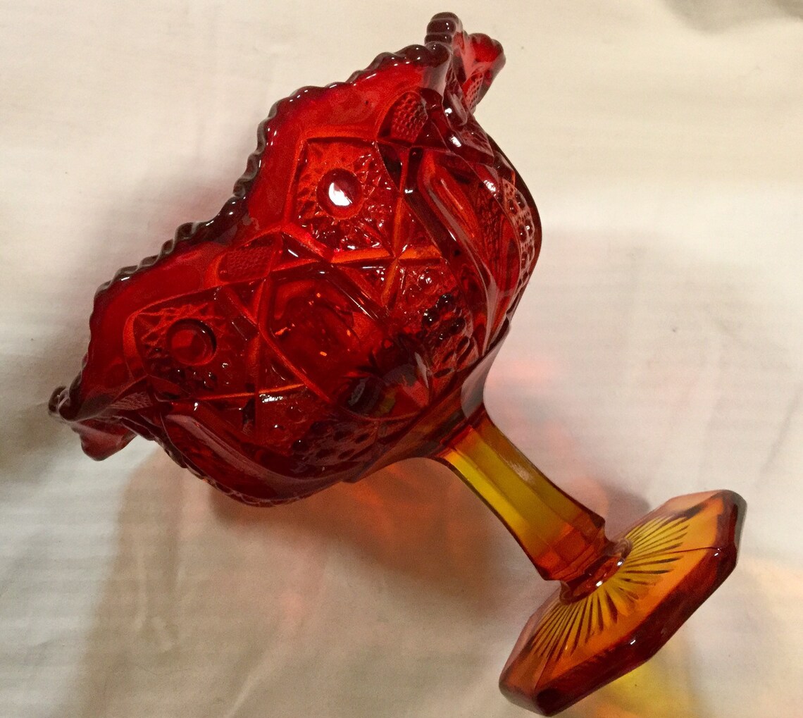 1950 Red Glass Compote Pedestal Vase Bowl Dish Pressed Glass Etsy