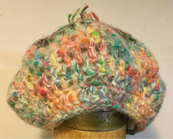 1980s Crochet Hat-Beret-Tam-Cap/Black & Multicolo… - image 3