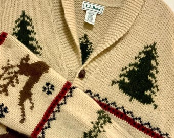 Christmas Hand-knit Sweater/Cardigan/LL Bean/Deer-Tree-Snowflake/Cowichan-Siwash Style/Wool/Button Up/Shawl Collar/Woman’s Medium/Vintage