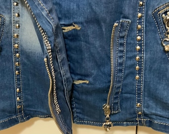 Studded Moto Jacket Jean Vest/Blue Denim/Upcycled/Biker/Punk Rock/Woman’s Small (chest 34”) Vintage