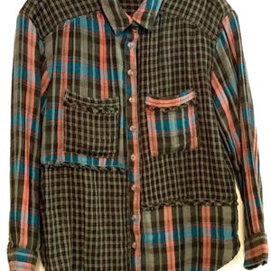 Anthropologie Pilcro Blouse-Shirt/Green Plaid Patchwork & Fringe/Button Up/Long Sleeve/Cotton/Woman Size XSP (chest 40”/Vintage 1980s image 2