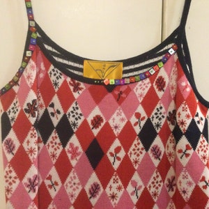 Beaded Tank Top-Camisole/Floral-Argyle Print/Pink-Black/Rayon-Cotton Knit/Womans Size Small chest 32 Vintage 1990s image 4