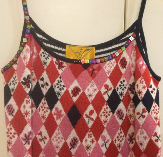 Beaded Tank Top-Camisole/Floral-Argyle Print/Pink… - image 4
