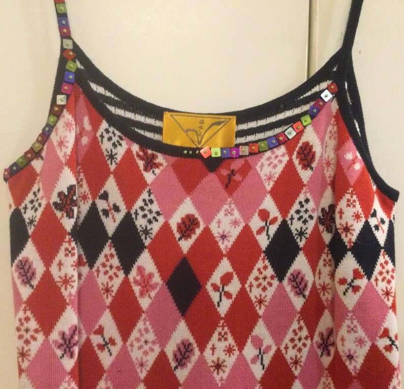 Beaded Tank Top-Camisole/Floral-Argyle Print/Pink-Black/Rayon-Cotton Knit/Womans Size Small chest 32 Vintage 1990s image 4