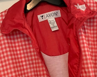 Windbreaker-Jacket-Coat/LEVON/Red Gingham Check/Nylon/Hong Kong/Woman Size Small (chest 44”) Vintage 1980s