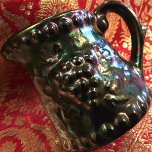 Lusterware Pitcher Knick Knack/Carnival Glass-Style/Iridescent Ceramic/Raised-Relief Grapes/Signed/Small-Miniature/Handmade/Vintage 1968
