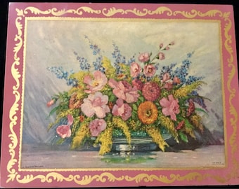 Floral Tin Box/Jewelry Box/Trinket Box/Keepsake Box/Pink Metal/Hinged Lid/Flower Still Life/Gustave Weigard Lithograph Print/Lg/Vintage