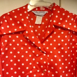 May include: Red and white polka dot shirt with a button-up collar. The shirt has a label that reads "Top Shirt" and "Made in Korea".