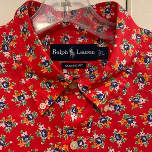 Ralph Lauren Shirt/Red/Button Up/Button Down Collar/Classic Fit/Floral/Cotton/Short Sleeve/Preppy/Mens Large (chest 50”) Vintage 1980-1990s
