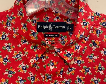 Ralph Lauren Shirt red button Up button Down Collar classic Fit floral cotton short Sleeve preppy mens Large chest 50 Vintage 1980 1990s Etsy