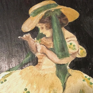 Vintage Woman Painting/Original Oil Wall Art/Victorian Lady Portrait/Hand Painted Wood Plaque Panel/Small 10x11”/Vintage 1930s-1940s