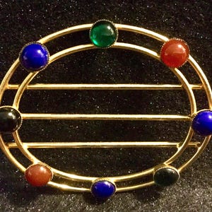 Brass Belt Buckle/Rhinestone Glass Cabochon Stones/Multicolor/Large Oval 3”x3.25”/Vintage 1980s