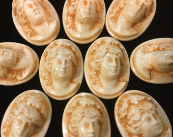 1950s Loose Cameo Cabochon Beads/Victorian Lady Portrait/Oval .75x1”/Embossed/Molded/Off-White/Acrylic-Plastic-Resin/10 Piece SET/Vintage