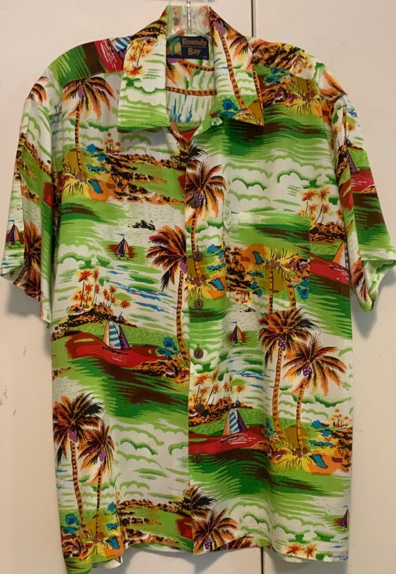 Vtg Hawaiian Shirt/Red & Green Tropical Print/Par… - image 2