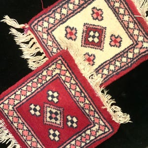 Oriental Rug Chair Pad Seat Cover Set/Doily Table Mat/Red Woven Wool/Persian-?-Turkish/Geometric Print/Small-Miniature 11x11”/Vintage 2pc