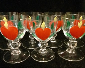 Goblet Set/Barware-Stemware-Aperitif-Glassware-Drink-Ware/Hand Painted Red Hearts/Folk Art/Valentine’s Day/Small-Miniature/7 Piece/Vintage